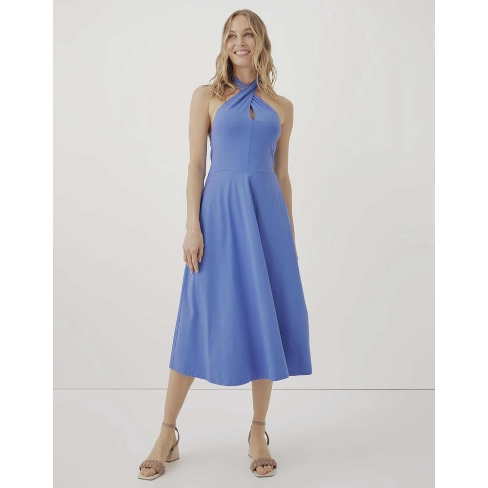 Pact Organic Cotton Fit & Flare Halter Dress Blue Small Casual Coastal Beach